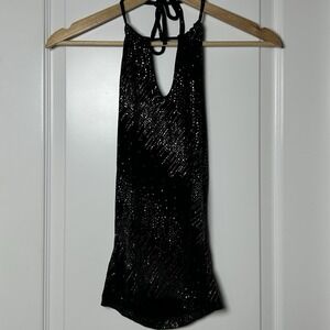 Formula X Vintage‎ 90s Black Metallic Sparkle Glitter Deep Plunge Halter Top